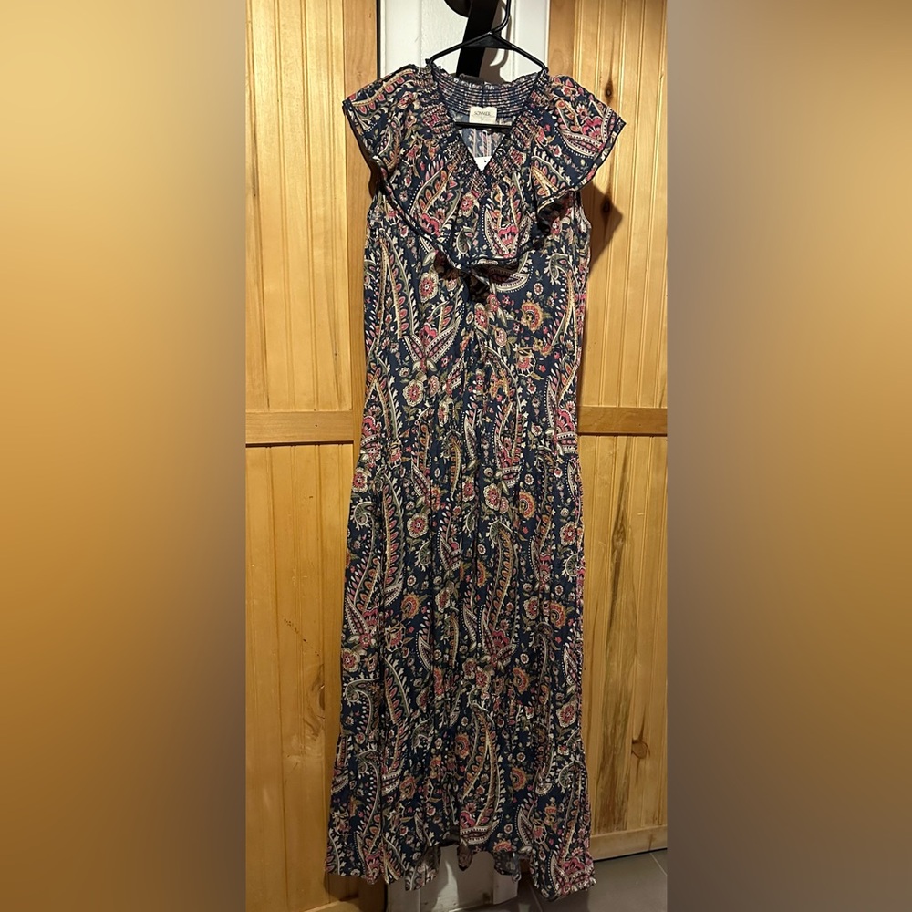 Sonmer Blue Pink Green & Cream Long Flare Dress-NWT